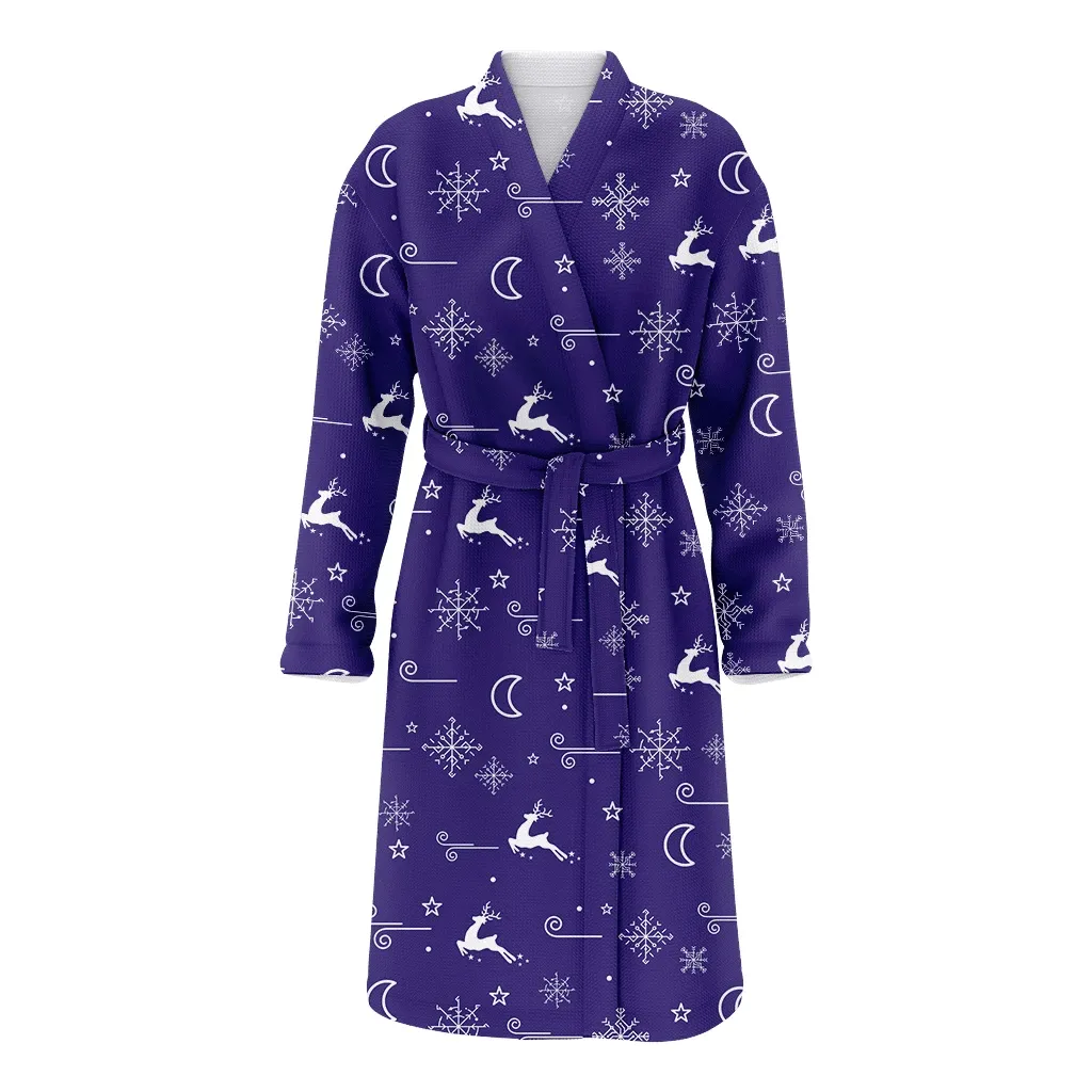Abstract Geometry Moon Snowflakes And Deers Pattern Christmas Family Matching Kimono Bathrobe Satin Fleece Robe