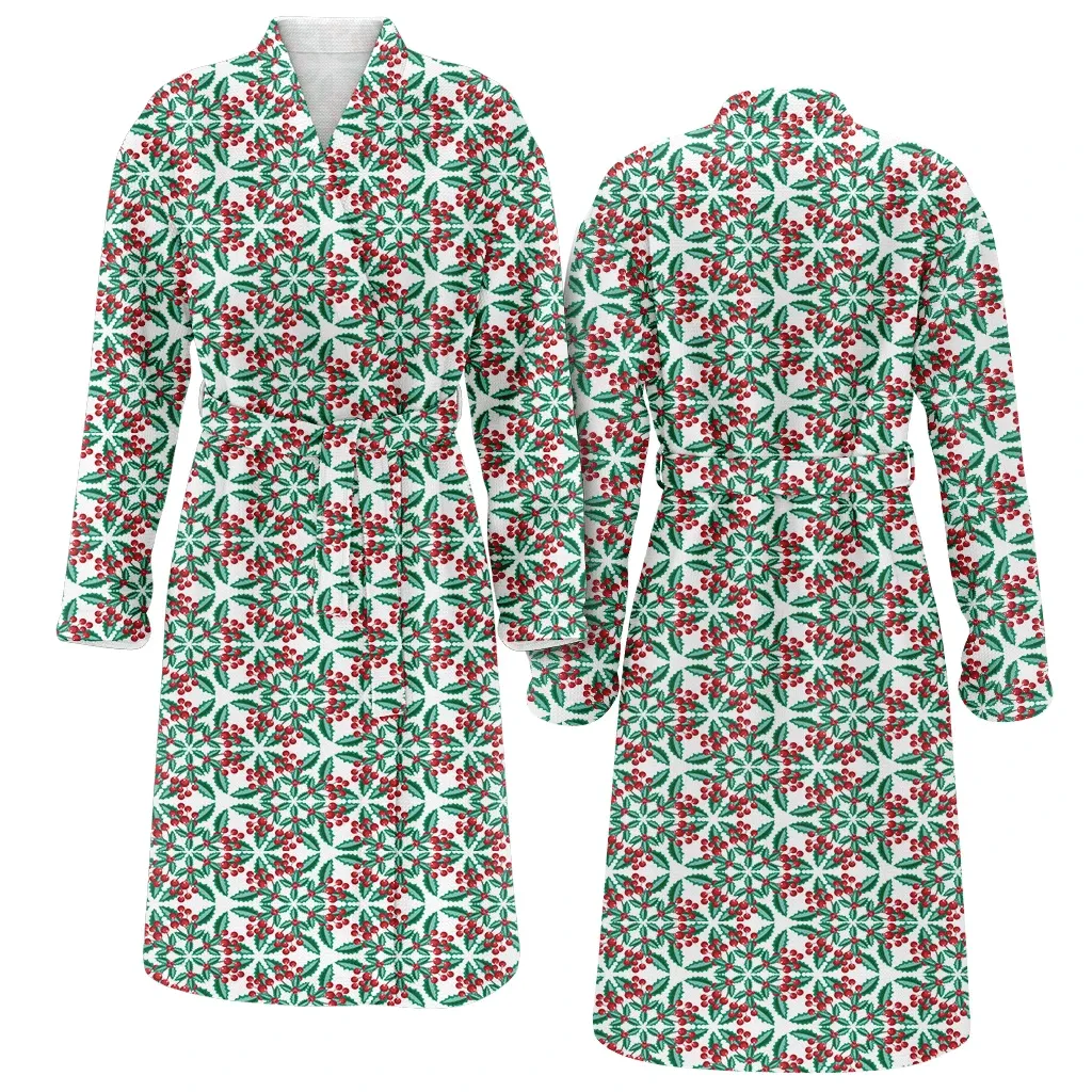 Abstract Holly Leaves And Berries Ornamental On White Background Christmas Family Matching Kimono Bathrobe Satin Fleece Robe
