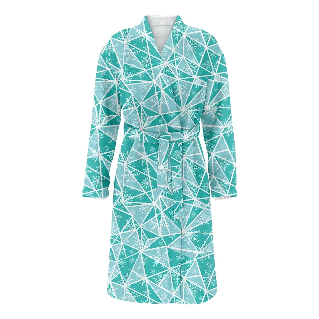 Abstract Mint Green Christmass Snowflakes On Triangles Repeat Pattern Family Matching Kimono Bathrobe Satin Fleece Robe