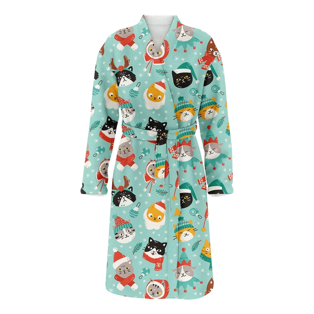 Adorable Cats Wearing Colorful Christmas Outfits Family Matching Kimono Bathrobe Satin Fleece Robe