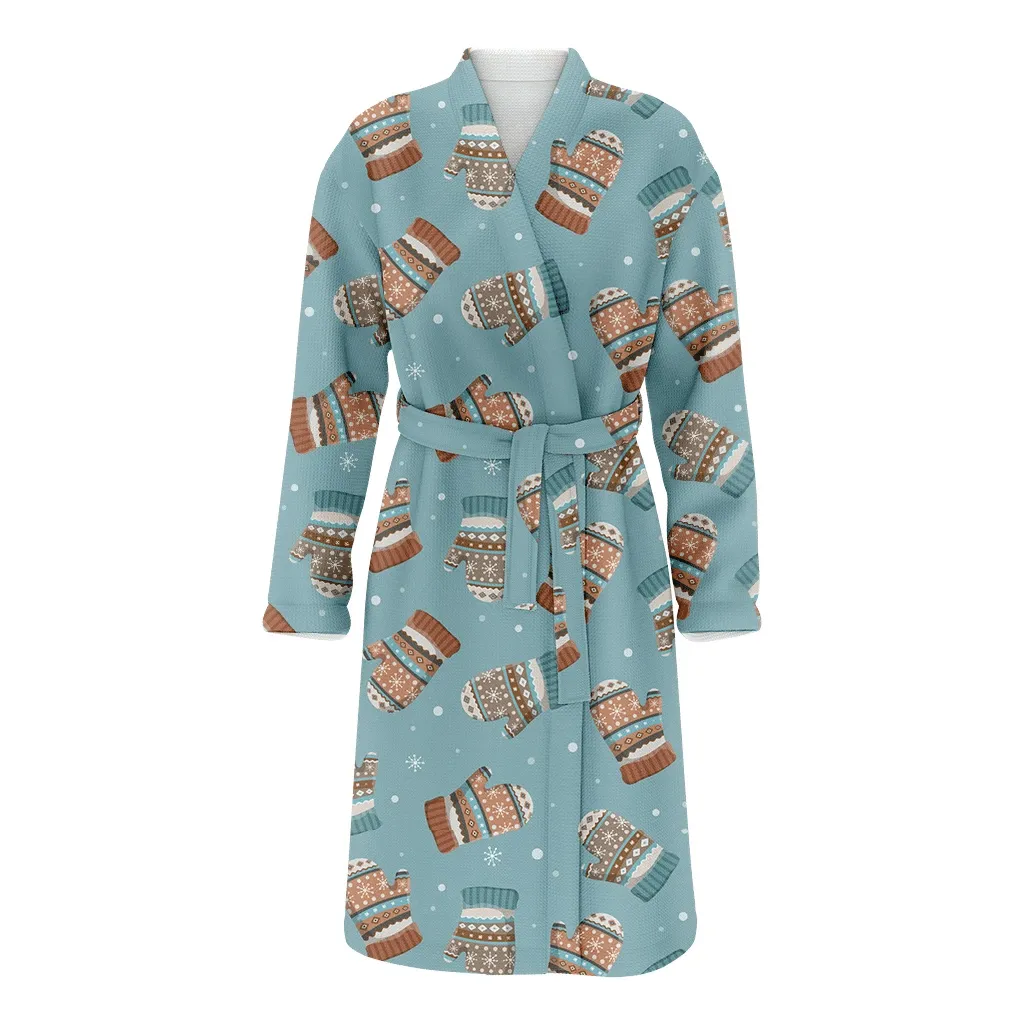 Aesthetic Sweater Pattern On Mittens Glove Painting Christmas Gift Family Matching Kimono Bathrobe Satin Fleece Robe