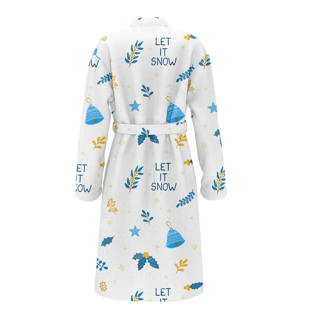 Aqua Blue Tree Branches And Bells Pattern Let It Snow Christmas Family Matching Kimono Bathrobe Satin Fleece Robe