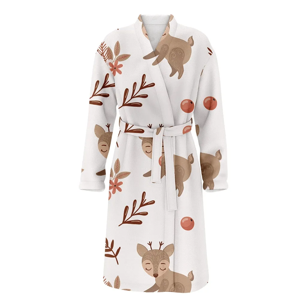 Baby Deer Cartoon With Floral Leaf And Ripe Berries Pattern Christmas Family Matching Kimono Bathrobe Satin Fleece Robe