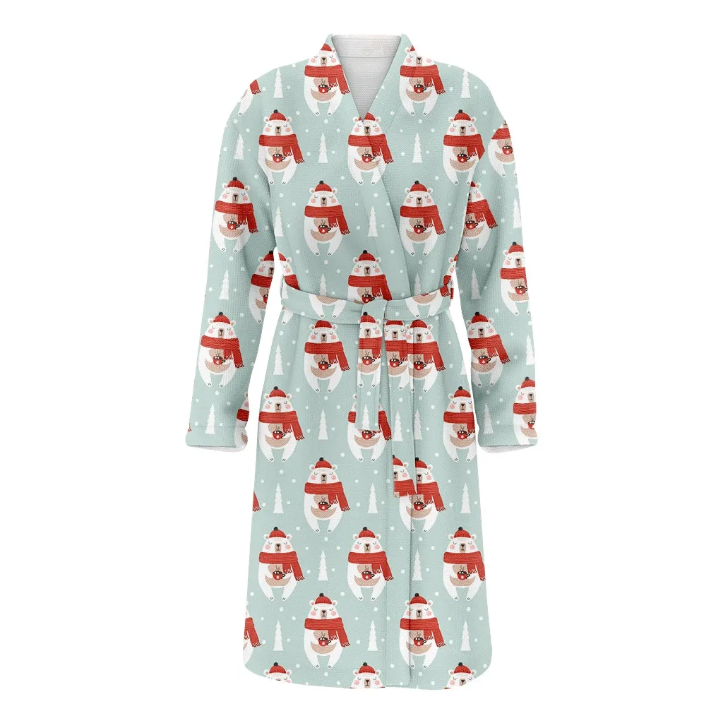 Bear With Hat Scarf And Hot Cup With Xmas Tree Christmas Gift Family Matching Kimono Bathrobe Satin Fleece Robe
