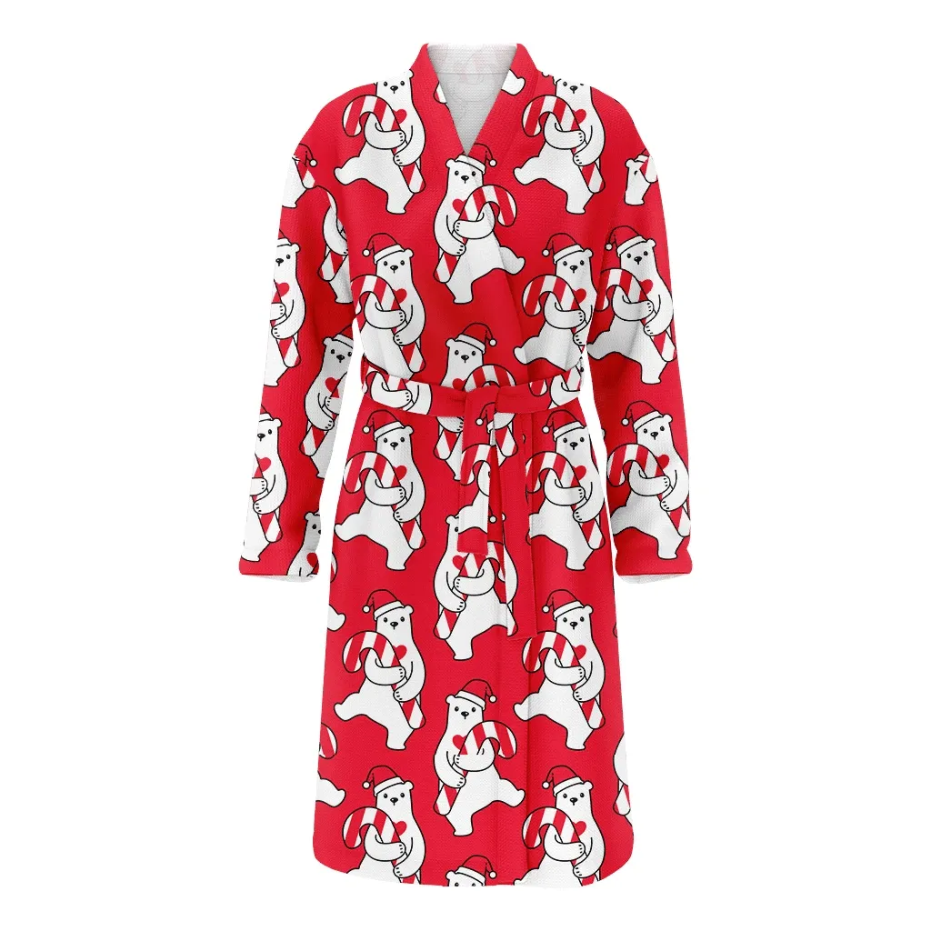 Bear With Santa Claus Hat And Christmas Gift Candy Cane Family Matching Kimono Bathrobe Satin Fleece Robe