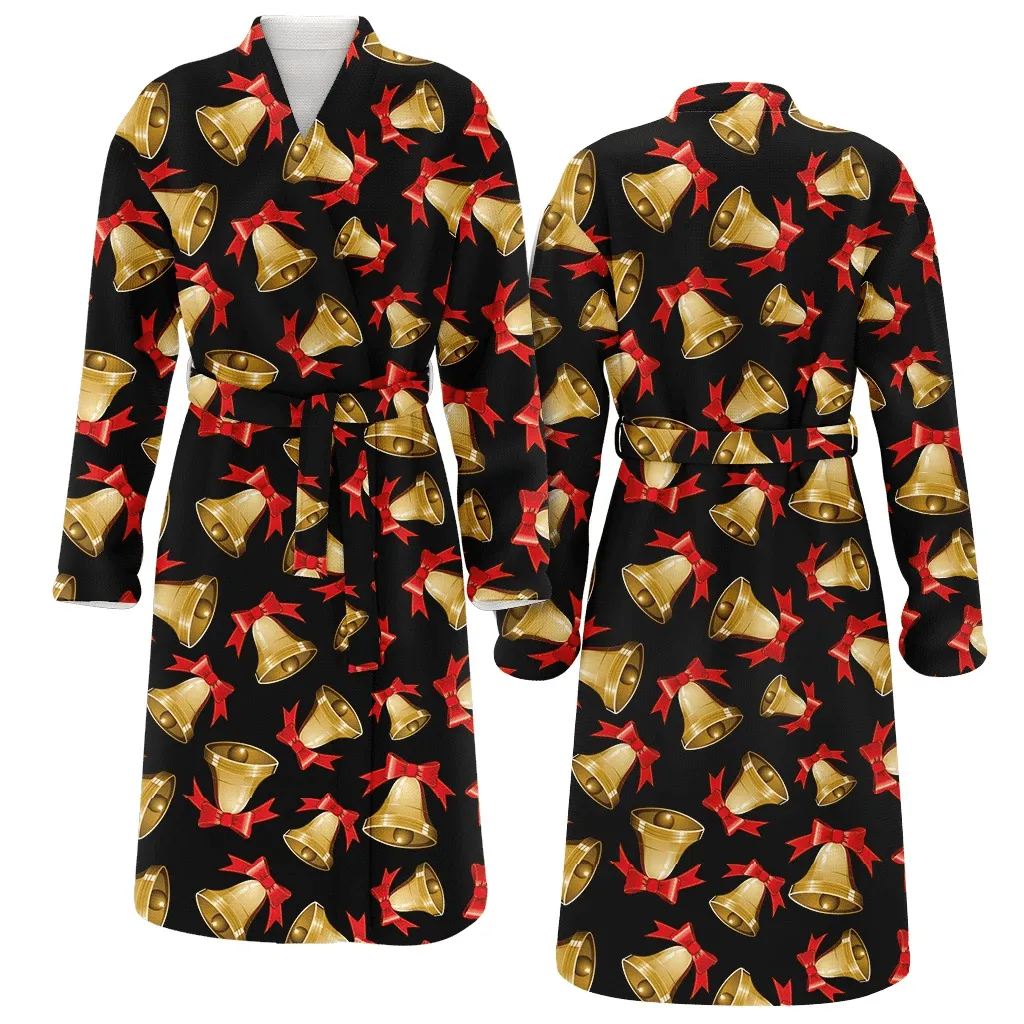 Beautiful Golden Bells With Red Bow On Black Background Christmas Family Matching Kimono Bathrobe Satin Fleece Robe