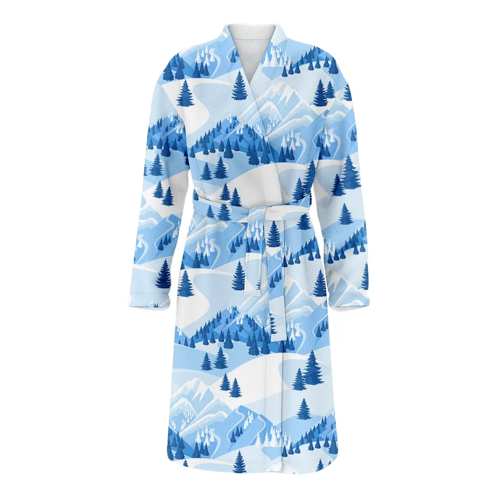 Beautiful Landscape With Snowy Mountains And Fir Forest Christmas Family Matching Kimono Bathrobe Satin Fleece Robe