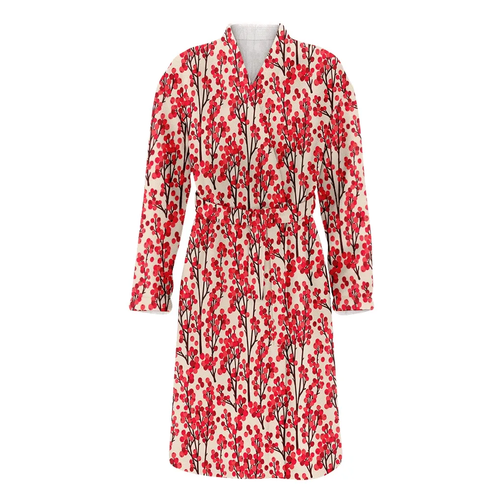 Beautiful Ripe Red Berries Branches Pattern Christmas Family Matching Kimono Bathrobe Satin Fleece Robe
