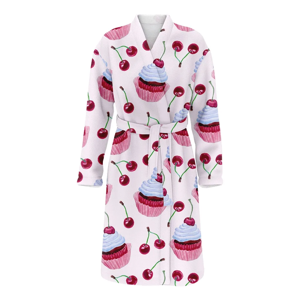 Beautiful Watercolor Cupcakes And Cherries Illustration Christmas Gift Family Matching Kimono Bathrobe Satin Fleece Robe