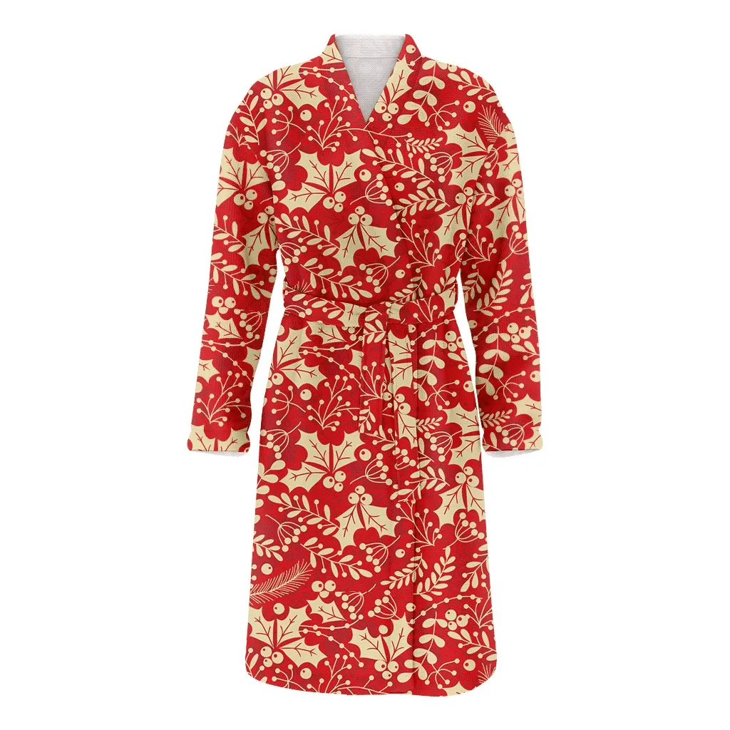 Beige And Red Holly Leaf And Berries Pattern Christmas Family Matching Kimono Bathrobe Satin Fleece Robe