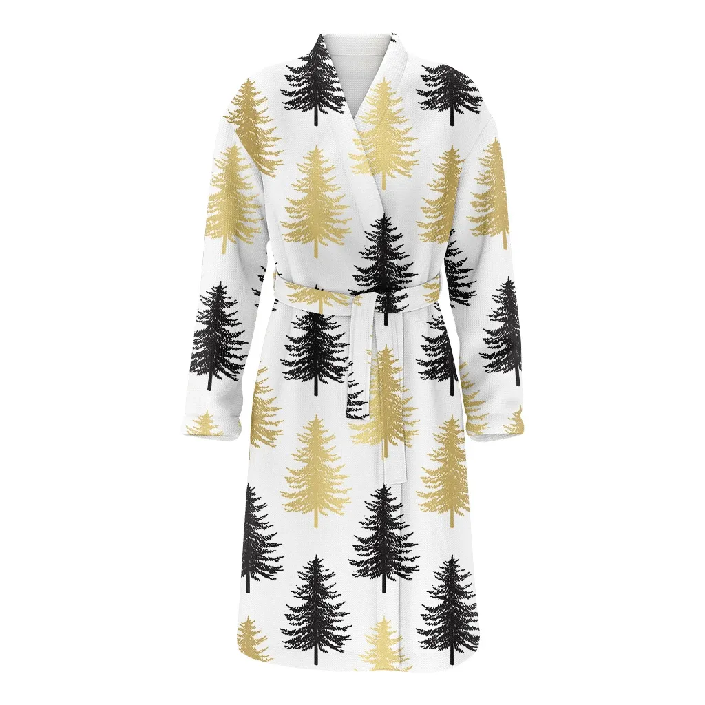Black And Gold Christmas Gift Trees On White Background Family Matching Kimono Bathrobe Satin Fleece Robe