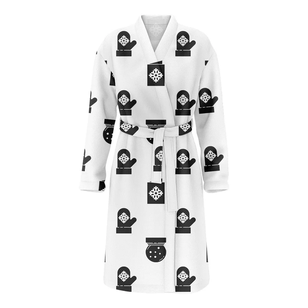 Black And White Christmas Gift Mittens Postcards And Snow Globe Pattern Family Matching Kimono Bathrobe Satin Fleece Robe