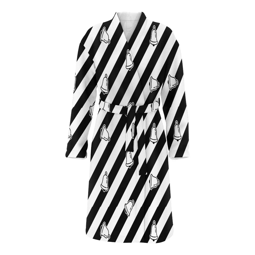 Black Ring Bell Icon On Stripes Scarf Isolated Tile Pattern Christmas Family Matching Kimono Bathrobe Satin Fleece Robe