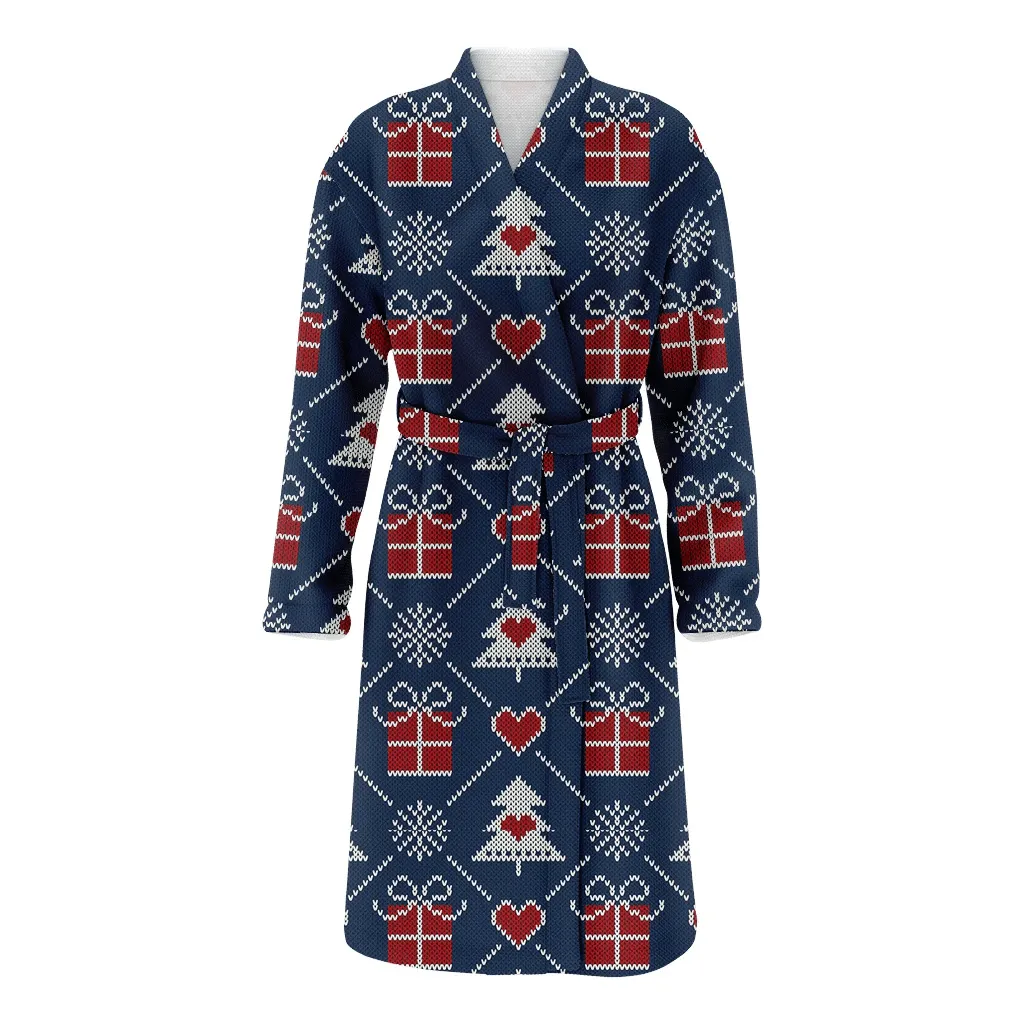 Blue And Red Chrirstmas Trees Hearts Gifts Christmas Gift Family Matching Kimono Bathrobe Satin Fleece Robe