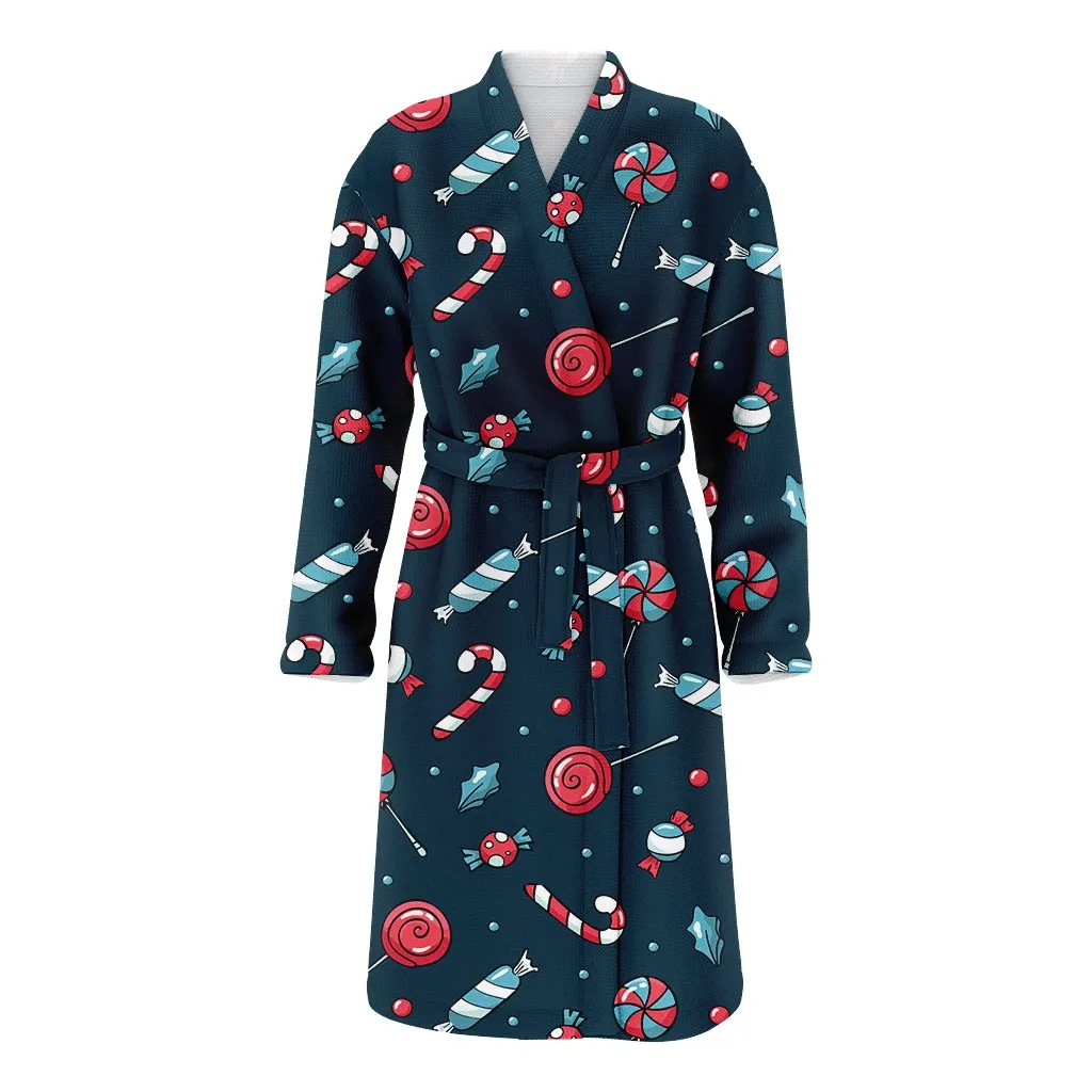 Blue And Red Cute Candy Cane And Snowball Christmas Gift Family Matching Kimono Bathrobe Satin Fleece Robe