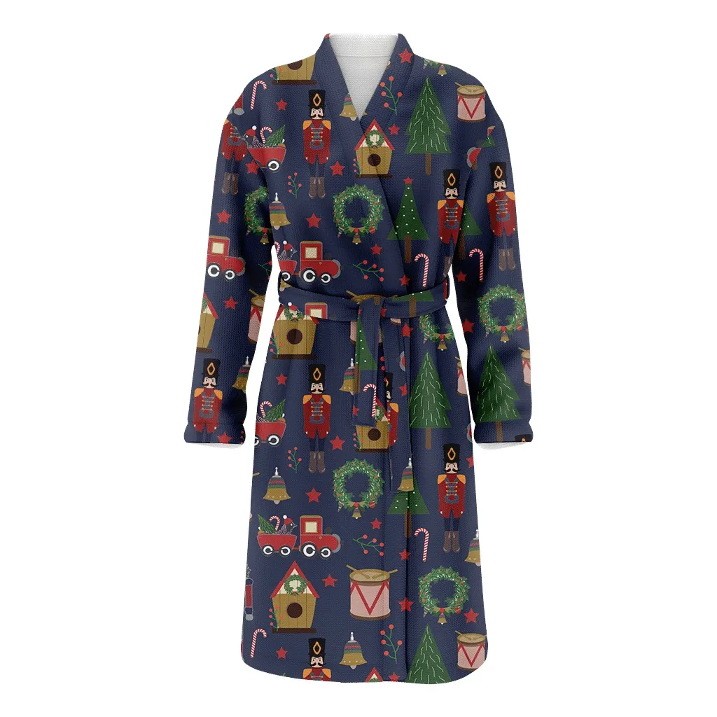 Blue Background With Train Soldier Trees Bird House Drum Wreath Christmas Gift Family Matching Kimono Bathrobe Satin Fleece Robe