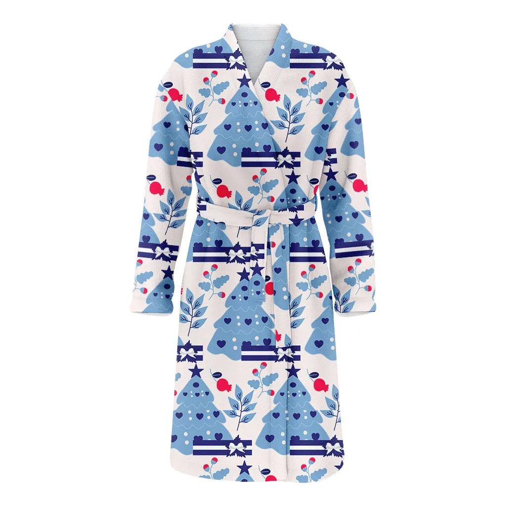 Blue Christmas Gift Tree With Stars On Pink Background Family Matching Kimono Bathrobe Satin Fleece Robe