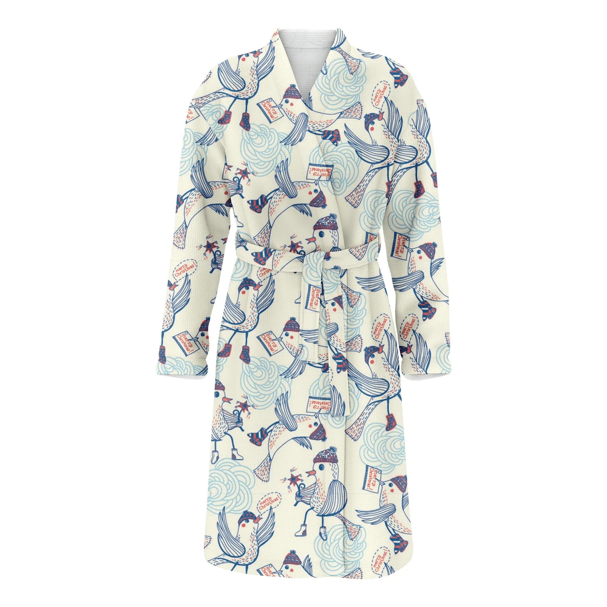 Blue Christmas With Flying Funny Birds Family Matching Kimono Bathrobe Satin Fleece Robe