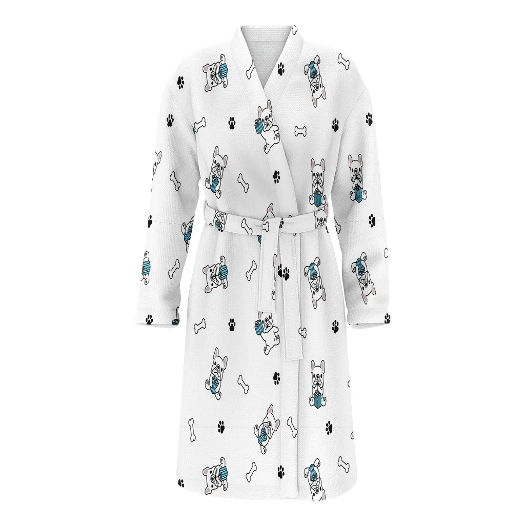Blue Gift Box Christmas French Bulldog Family Matching Kimono Bathrobe Satin Fleece Robe