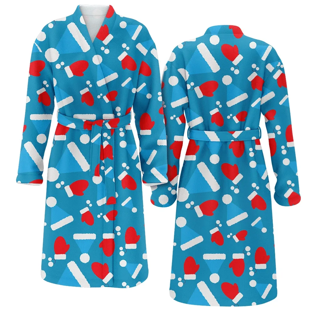 Blue Santa Claus Hat With Red Mittens Pattern Christmas Gift Family Matching Kimono Bathrobe Satin Fleece Robe