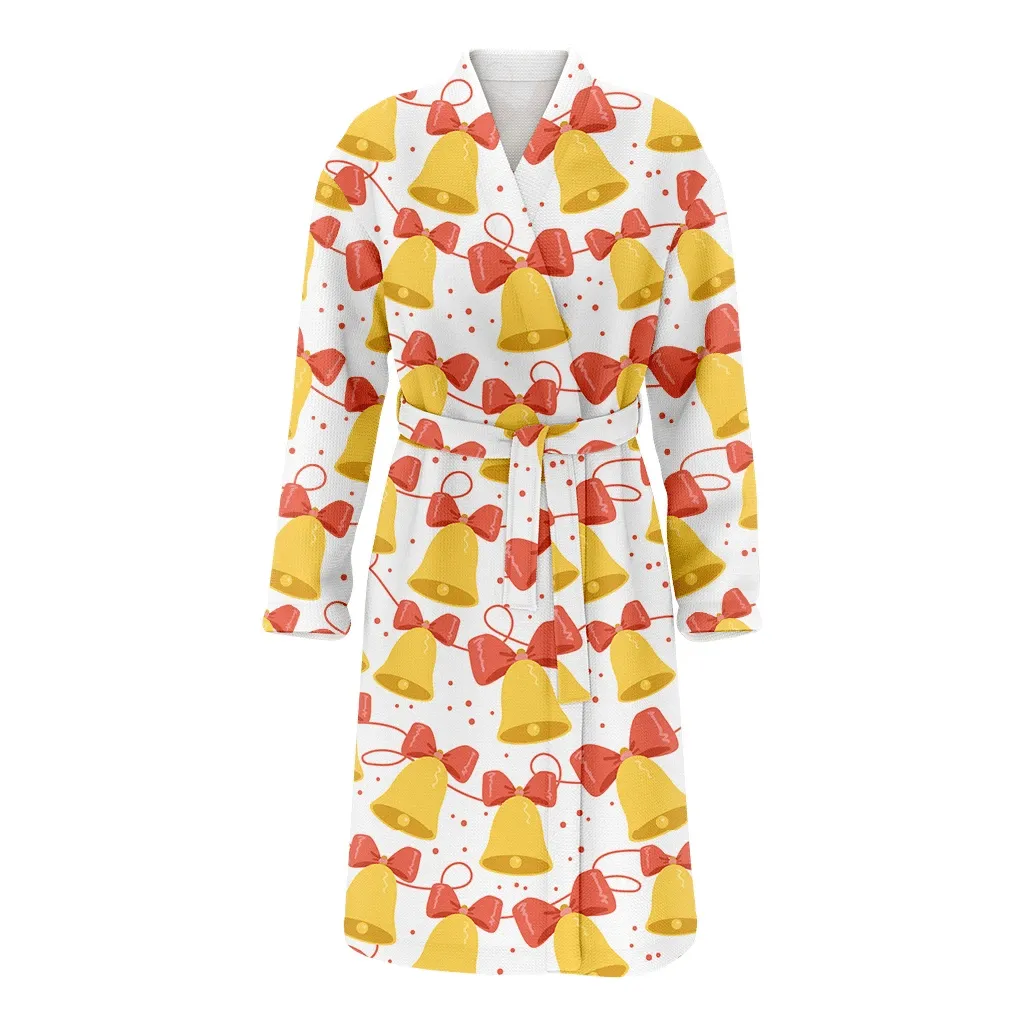 Bright Yellow Jingle Bells With Red Bows And Ribbons Christmas Family Matching Kimono Bathrobe Satin Fleece Robe