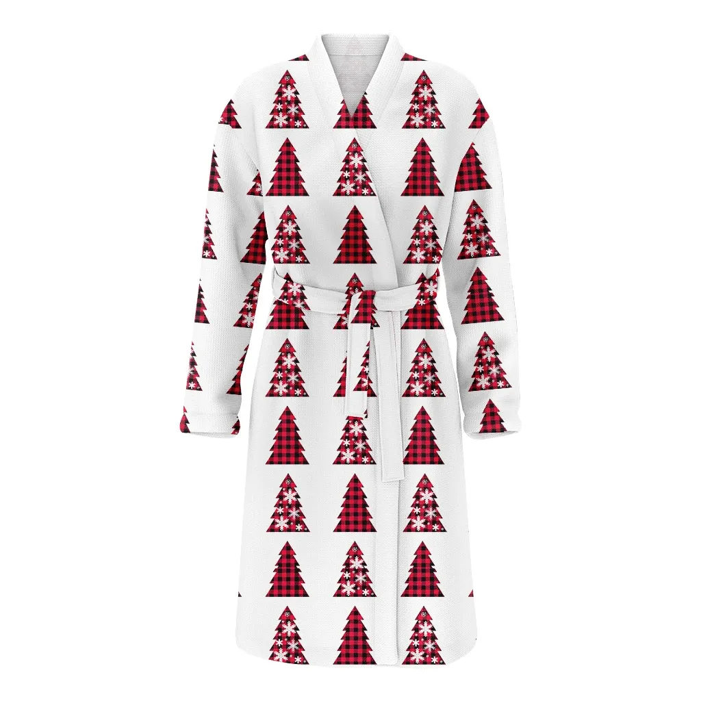 Buffalo Plaid Christmas Gift Tree With Snowflakes Family Matching Kimono Bathrobe Satin Fleece Robe