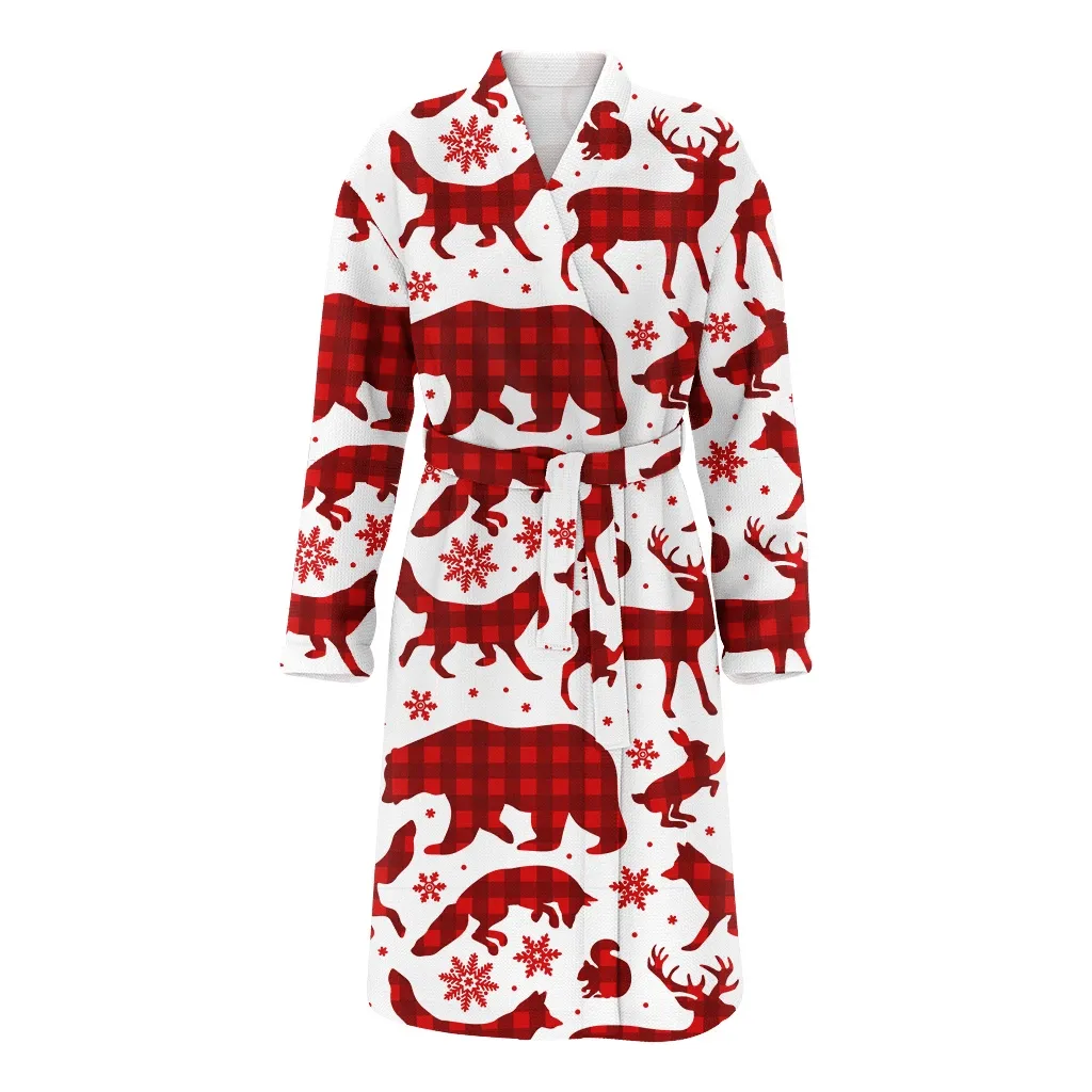 Buffalo Plaid Woodland Winter Forest Wolf Christmas Family Matching Kimono Bathrobe Satin Fleece Robe