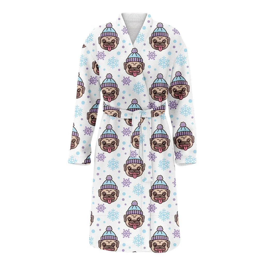 Bulldog In Hat With Snowflakes For Merry Christmas Family Matching Kimono Bathrobe Satin Fleece Robe