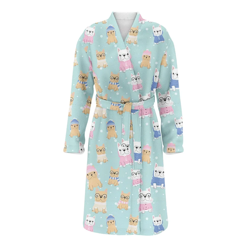 Bulldog Puppy Dog In Winter Costume Christmas Family Matching Kimono Bathrobe Satin Fleece Robe