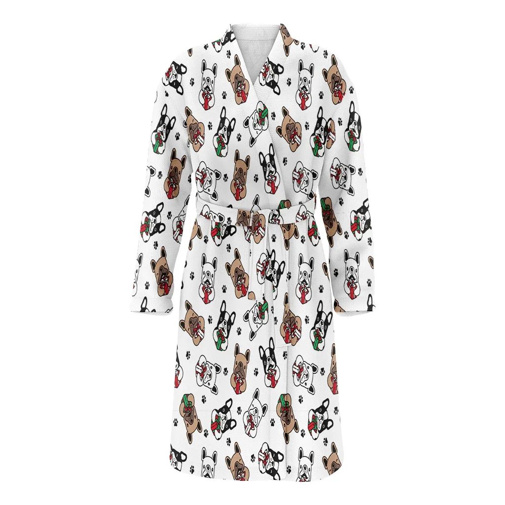 Bulldog Santa Claus Paw Footprint Gift Box Christmas Family Matching Kimono Bathrobe Satin Fleece Robe