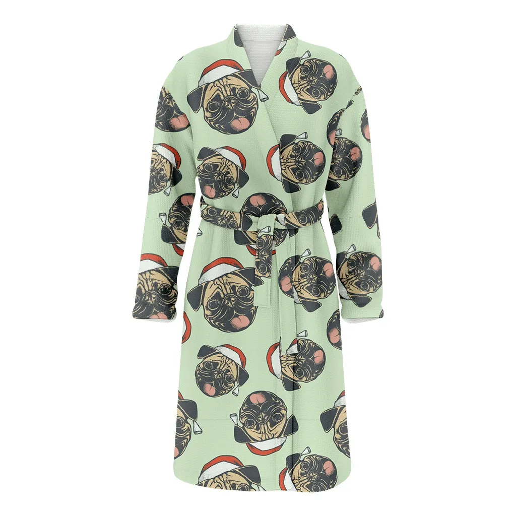 Bulldogs Head With Red Hat On Green Christmas Family Matching Kimono Bathrobe Satin Fleece Robe