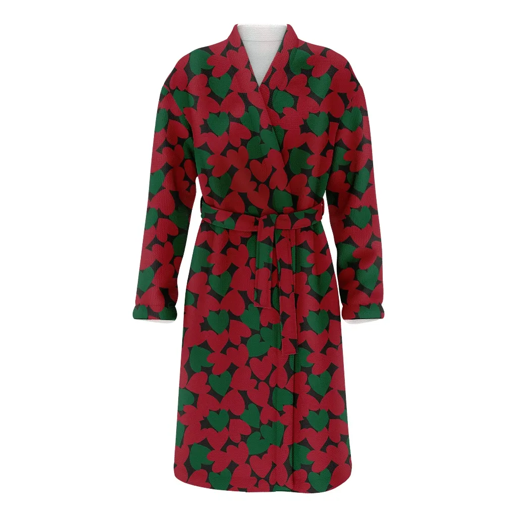 Camouflage Christmas Heart Shaped Red And Green Family Matching Kimono Bathrobe Satin Fleece Robe