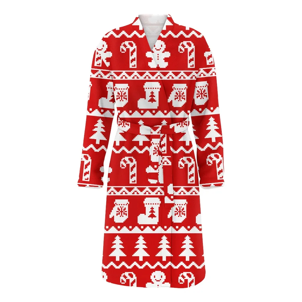 Candies Christmas Gift Trees Mittens And Gingerbread Family Matching Kimono Bathrobe Satin Fleece Robe