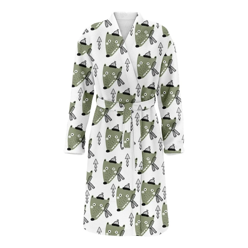Cartoon Christmas Trees And Face Of Wolf Family Matching Kimono Bathrobe Satin Fleece Robe