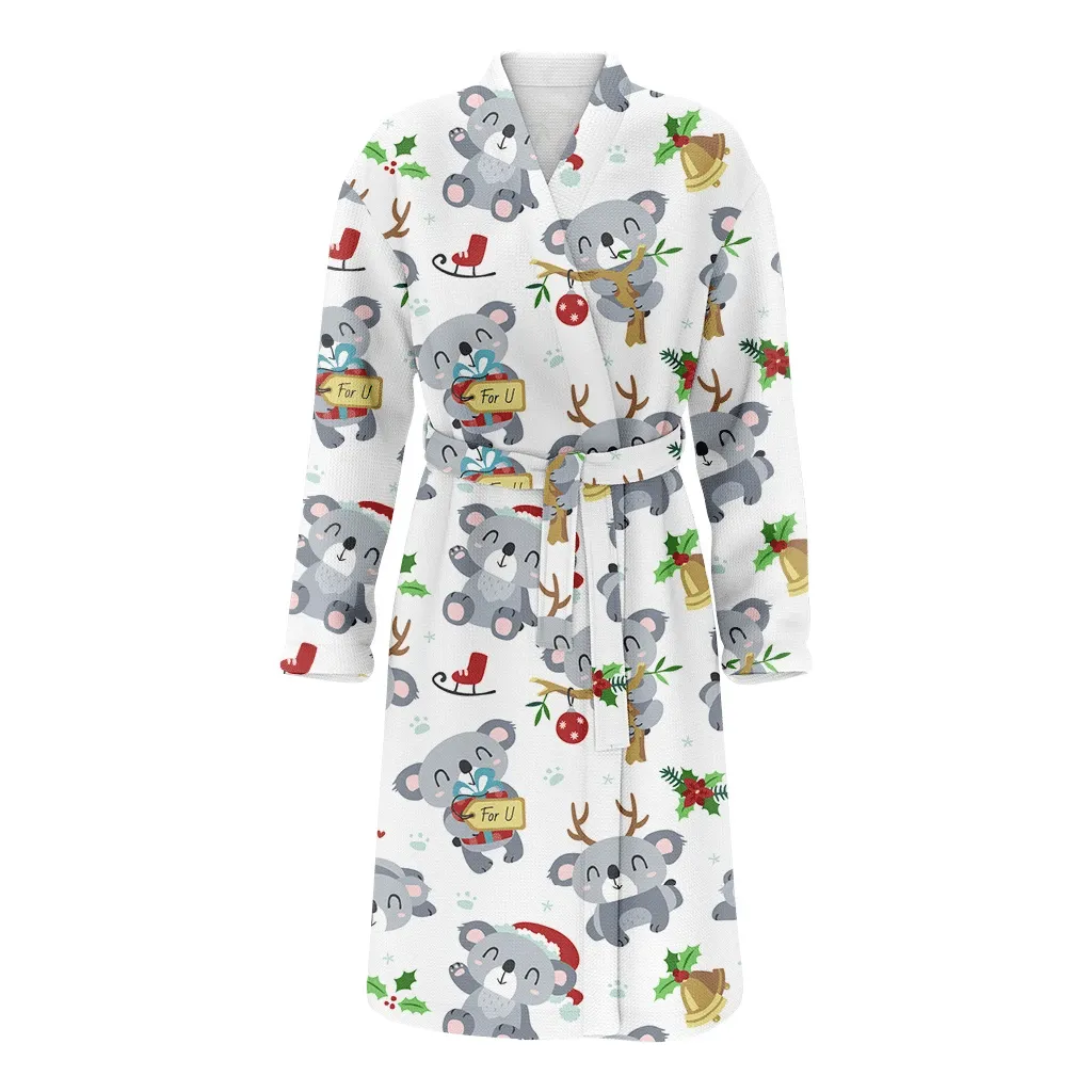 Cartoon Cute Koala Smiling Face With Bells And Holly Leaves Christmas Family Matching Kimono Bathrobe Satin Fleece Robe