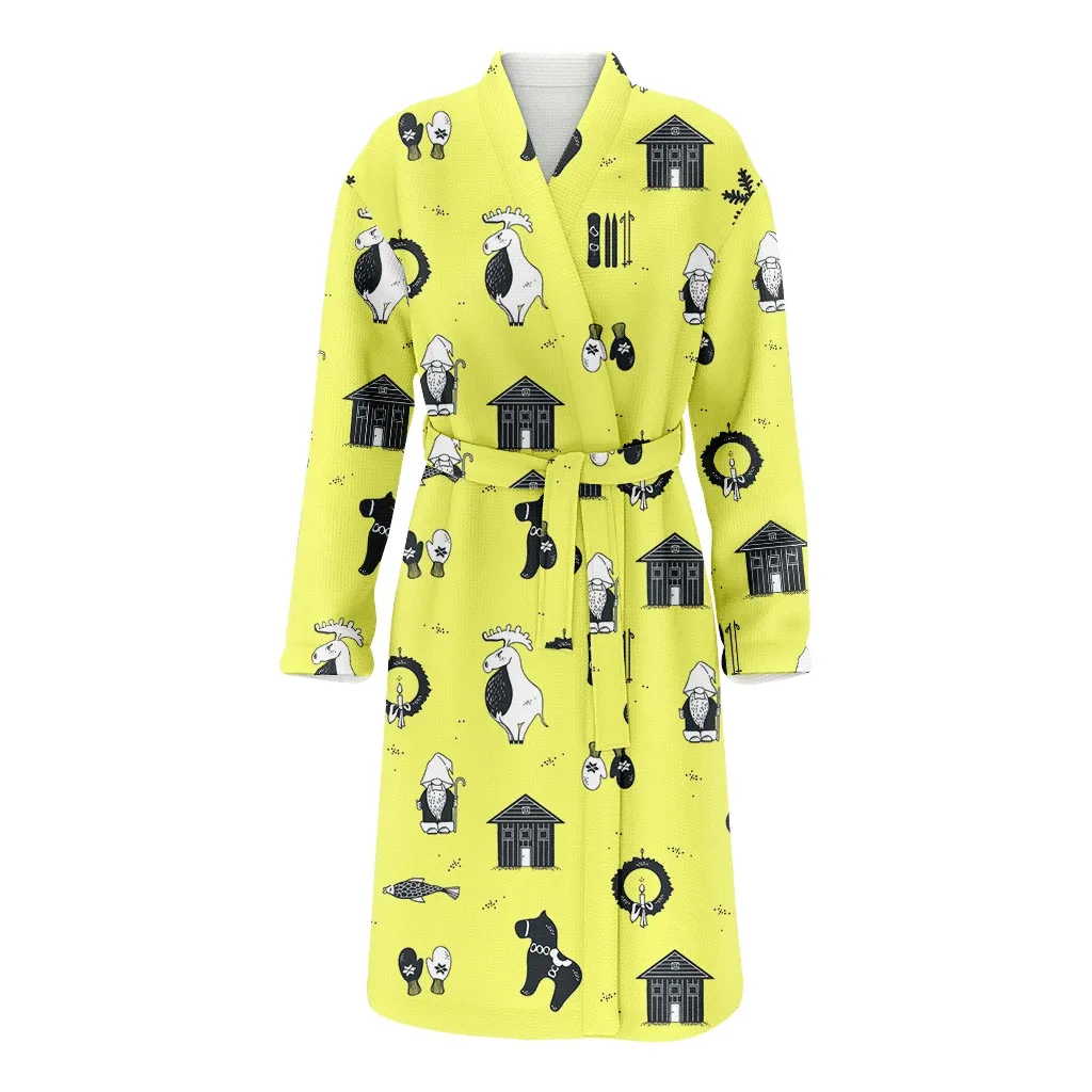 Cartoon Deer Black Horse Wreaths And Gnomes On Yellow Background Christmas Family Matching Kimono Bathrobe Satin Fleece Robe