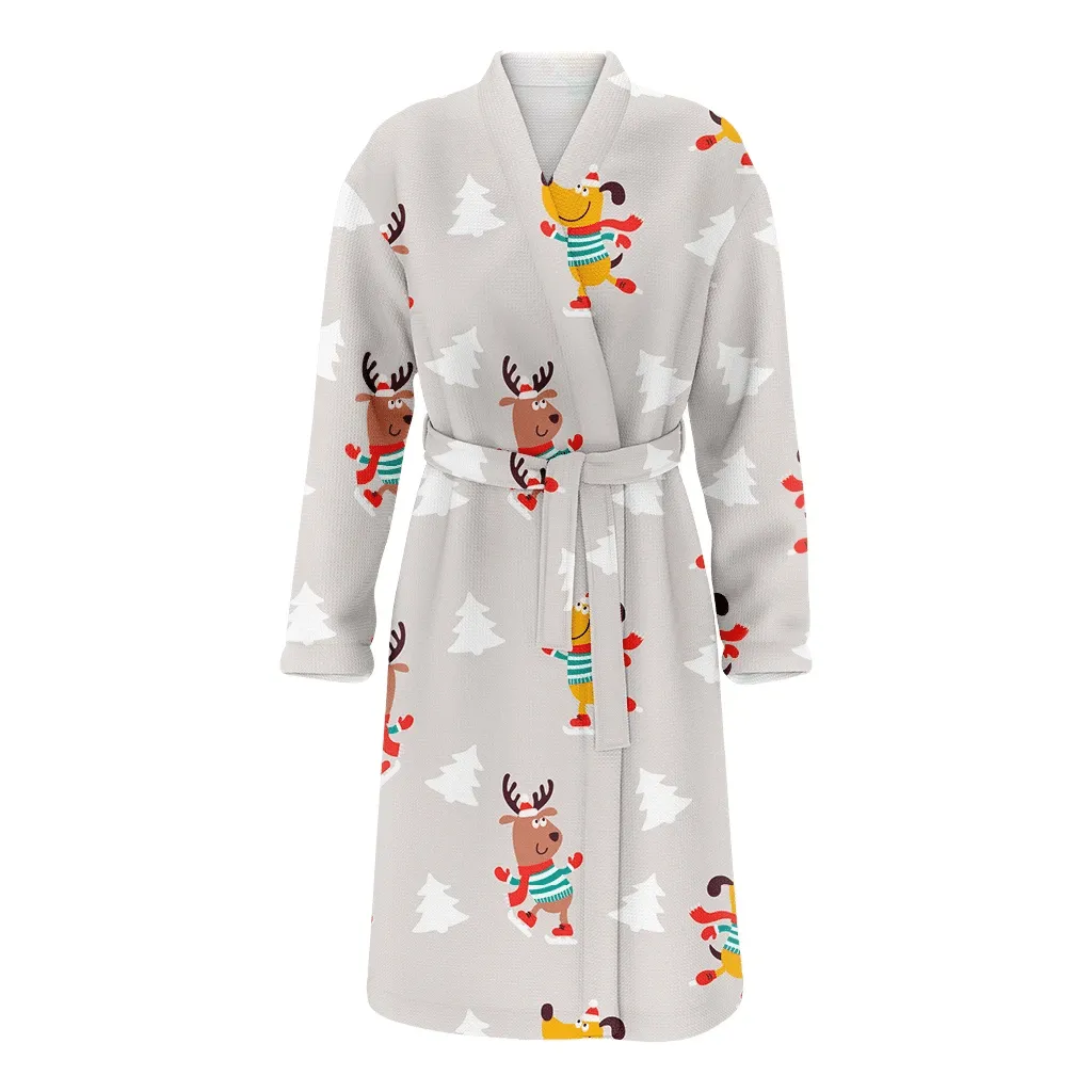 Cartoon Dogs In Striped Jersey On Grey Christmas Family Matching Kimono Bathrobe Satin Fleece Robe