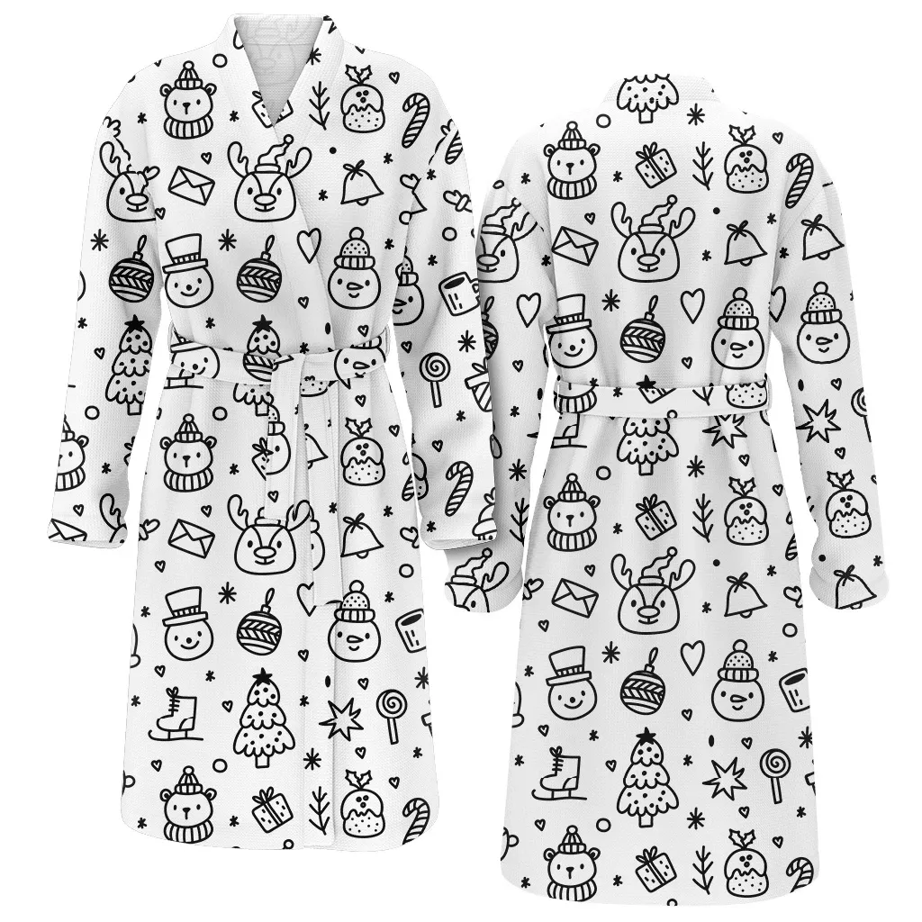 Cartoon Doodle Style With Cute Christmas Gift Symbols White Background Family Matching Kimono Bathrobe Satin Fleece Robe