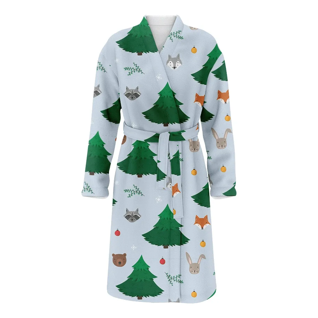 Cartoon Forest Wolf Fir Trees And Snowflakes Christmas Family Matching Kimono Bathrobe Satin Fleece Robe