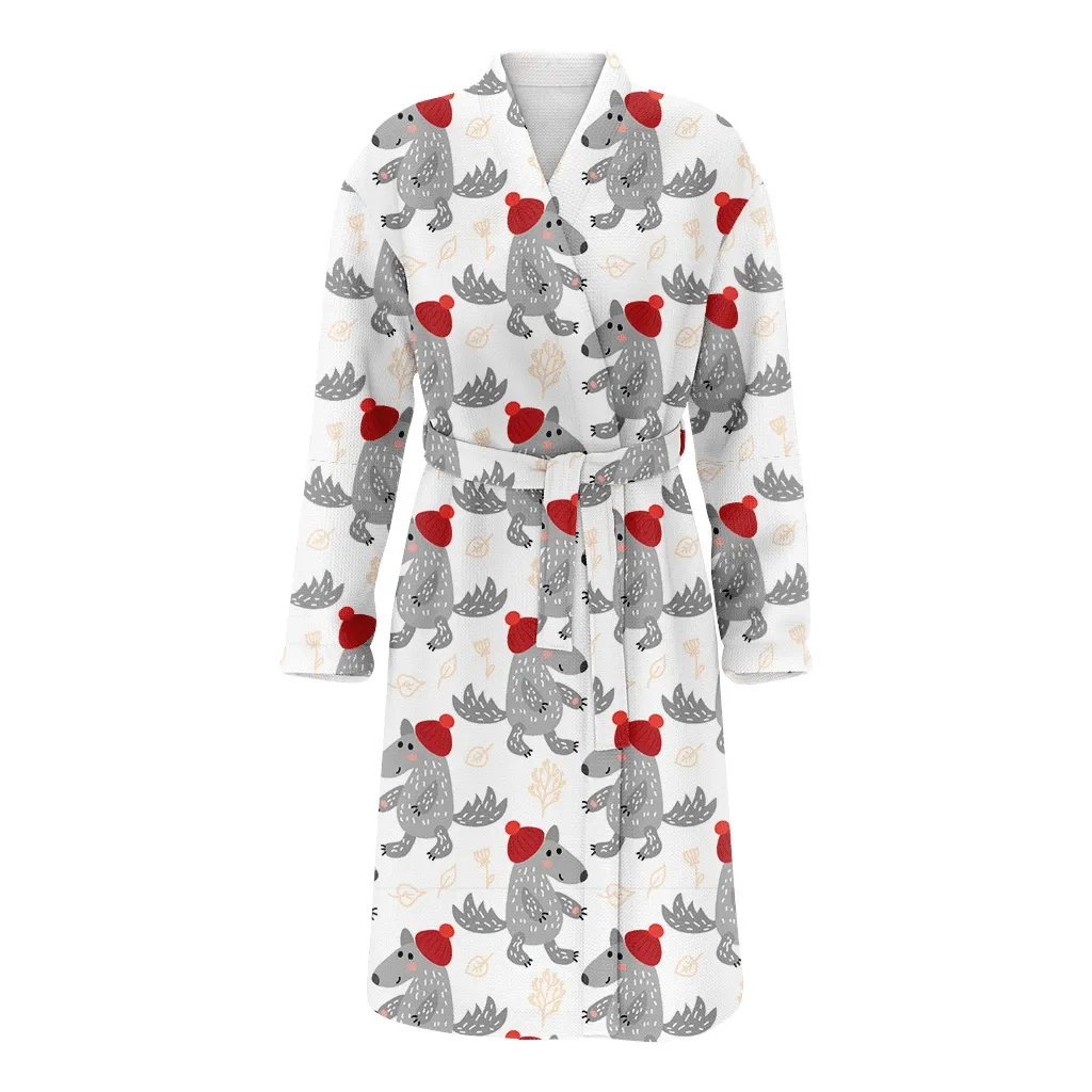 Cartoon Red Hat With Cute Wolves Christmas Family Matching Kimono Bathrobe Satin Fleece Robe