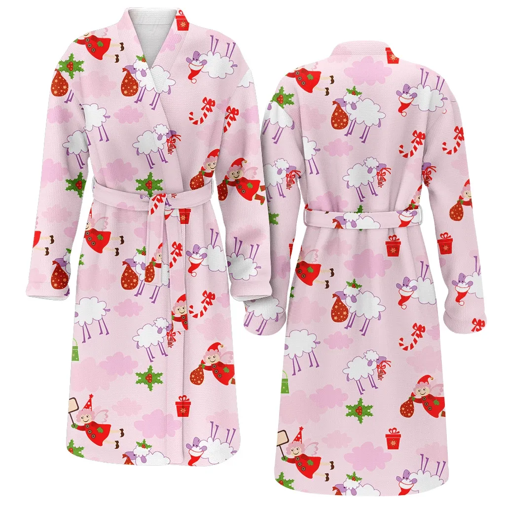 Cartoon Sheep And Little Angel Pink Cloud Christmas Family Matching Kimono Bathrobe Satin Fleece Robe