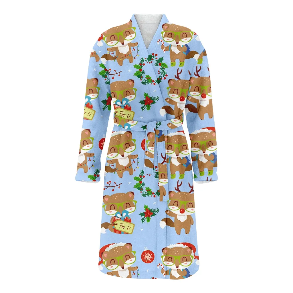 Cartoon Style Cute Christmas Fox Happy Day Family Matching Kimono Bathrobe Satin Fleece Robe