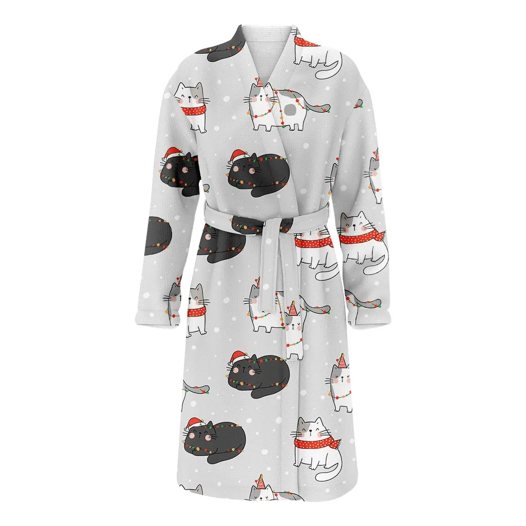 Cat In Snow For Winter Christmas And New Year Family Matching Kimono Bathrobe Satin Fleece Robe
