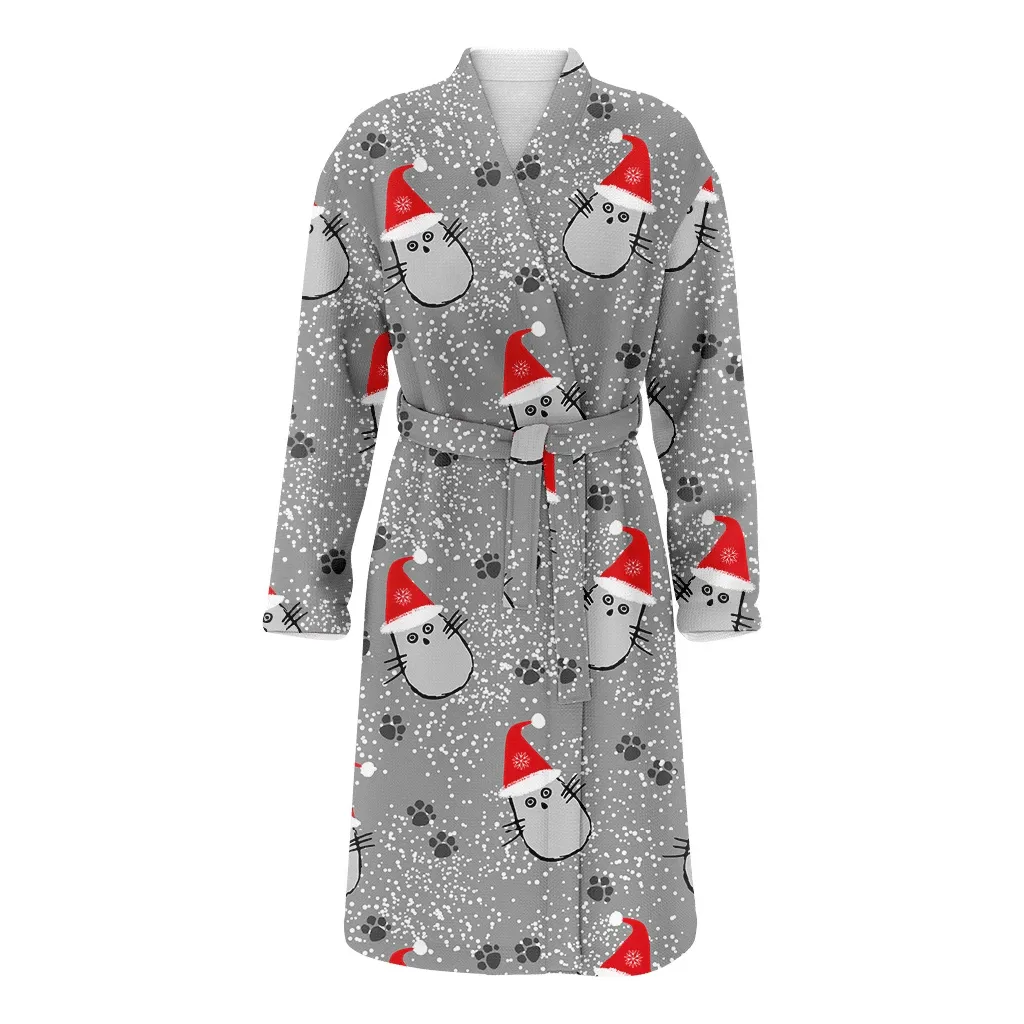 Cats In Christmas Hats On Gray Background Family Matching Kimono Bathrobe Satin Fleece Robe