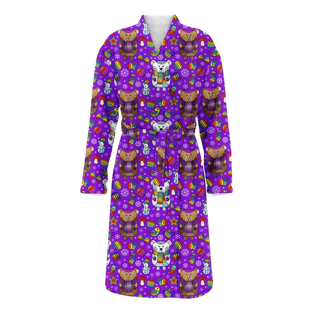 Christmas And New Year Bears Snowflakes On A Purple Background Family Matching Kimono Bathrobe Satin Fleece Robe