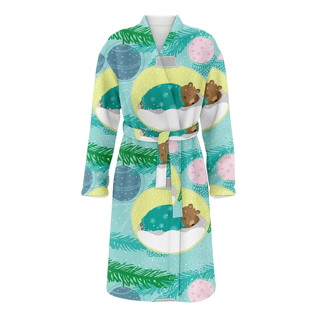 Christmas And New Year Winter Bear Sleeping On Ball Family Matching Kimono Bathrobe Satin Fleece Robe