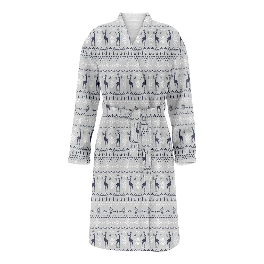 Christmas Background Knitted Deer And Snowflake On Gray Background Family Matching Kimono Bathrobe Satin Fleece Robe