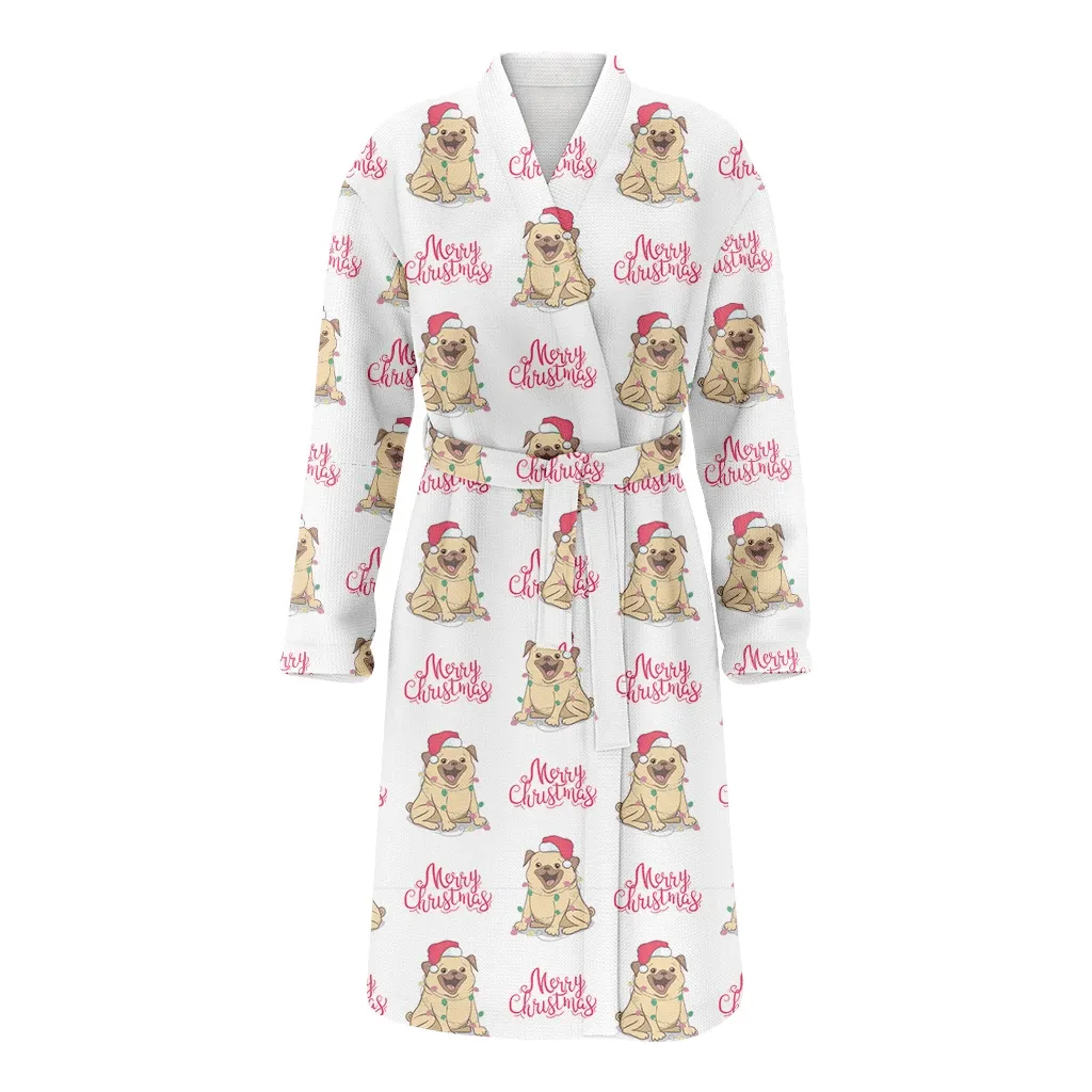 Christmas Bulldog In The Hat Of Santa Claus Family Matching Kimono Bathrobe Satin Fleece Robe