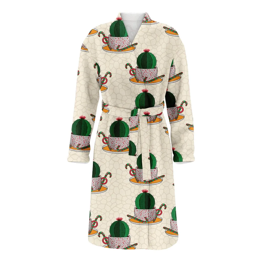 Christmas Cactus Love In Mug And Saucer With Candy Canes Family Matching Kimono Bathrobe Satin Fleece Robe