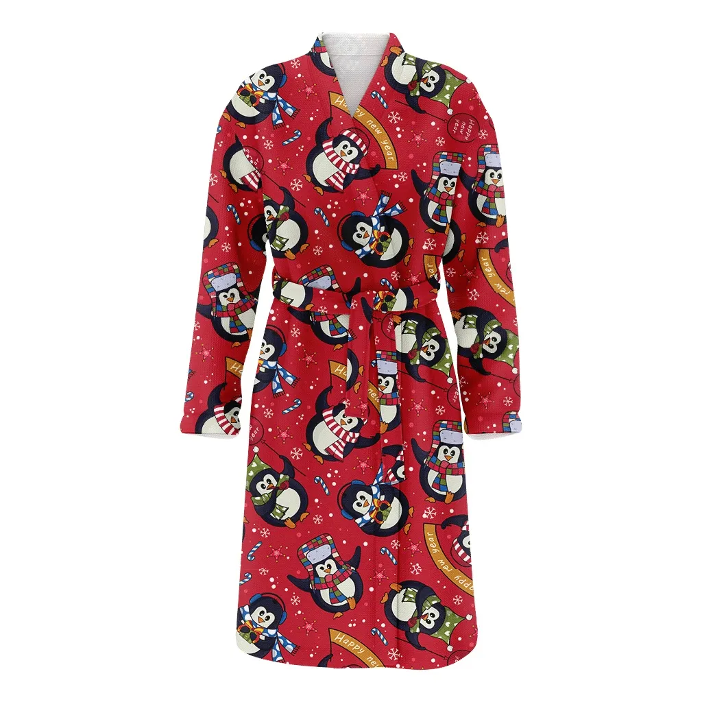 Christmas Cartoon Penguins Candy Canes And Snowflakes Family Matching Kimono Bathrobe Satin Fleece Robe